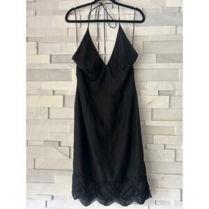 LILY CHEUNG Cotton Open Back V Neck Eyelet Lace Scallop Hem Black Dress 6